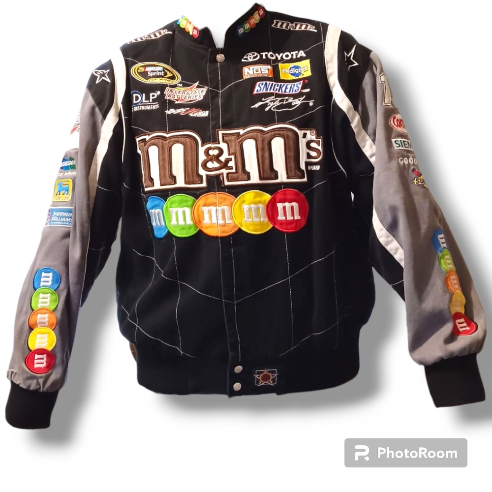 Kyle Busch #18 M&M's Black NASCAR Uniform Jacket sponsor graphics snap closure